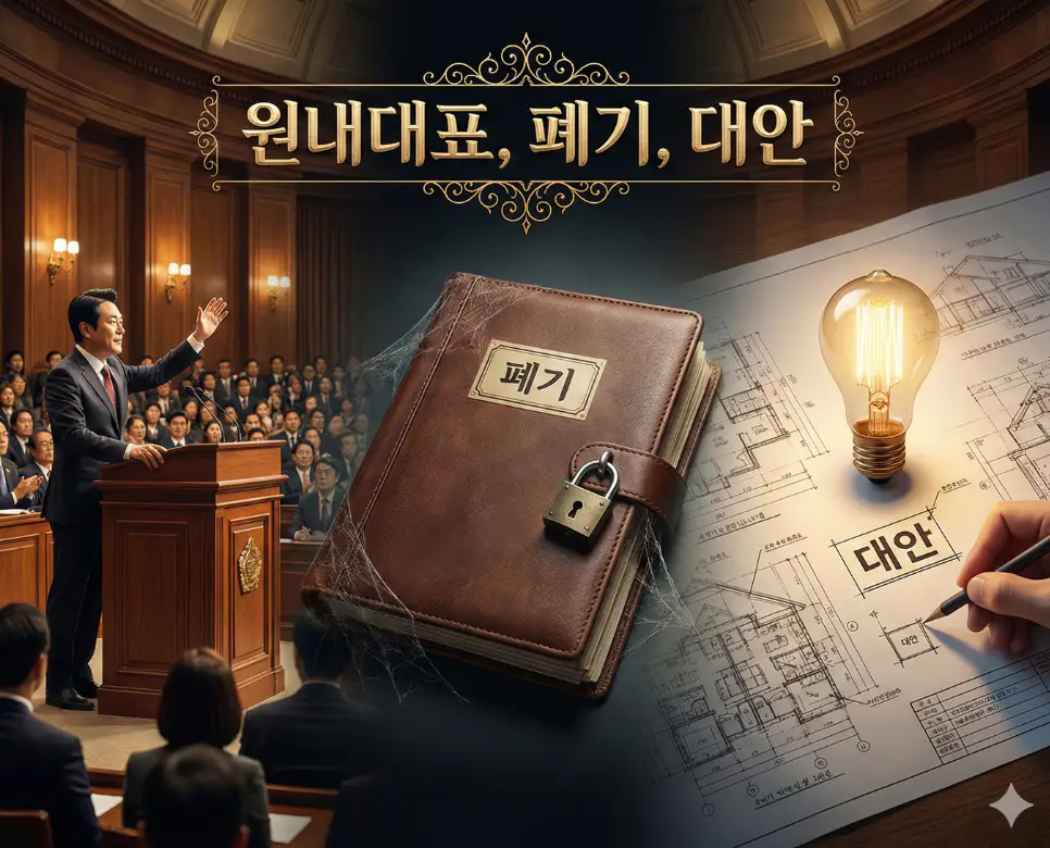 원내대표, 폐기, 대안 뜻을 한데 모아 정책이 결정되고 수정되는 의사 결정 과정을 표현한 종합 이미지