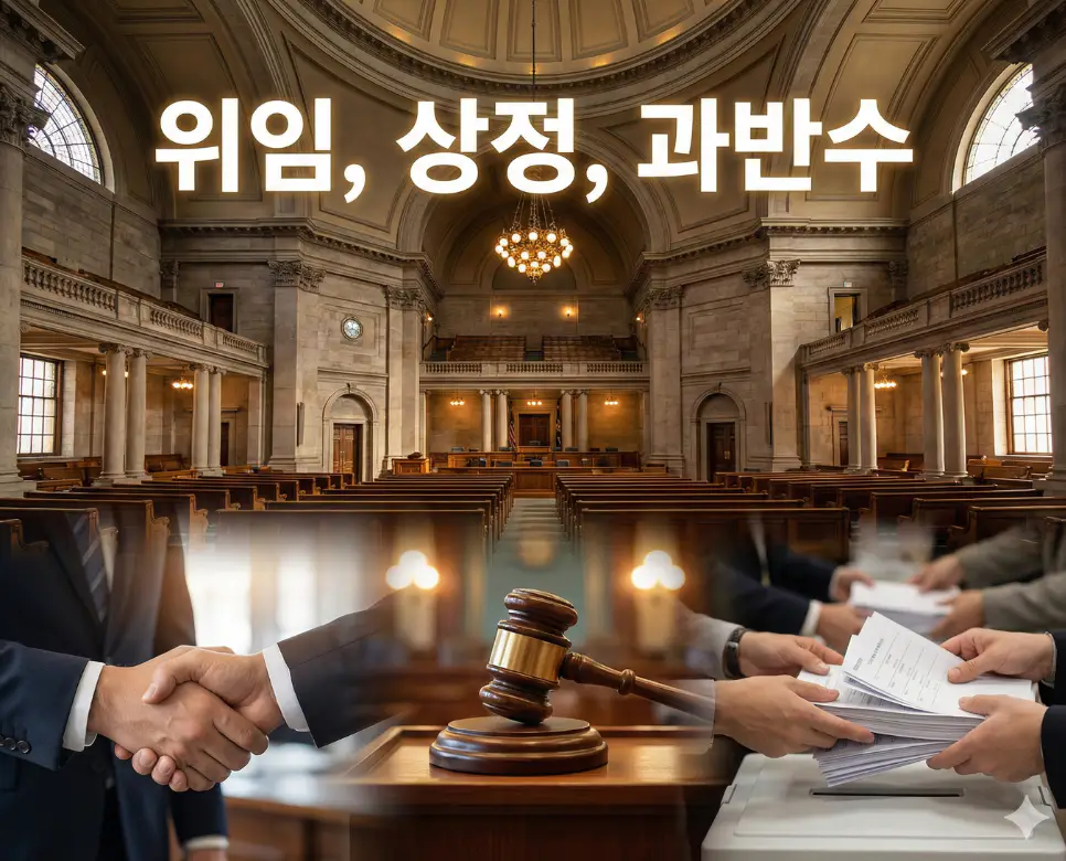위임, 상정, 과반수 뜻을 조화롭게 배치하여 체계적인 의사 결정 과정을 표현한 종합 이미지