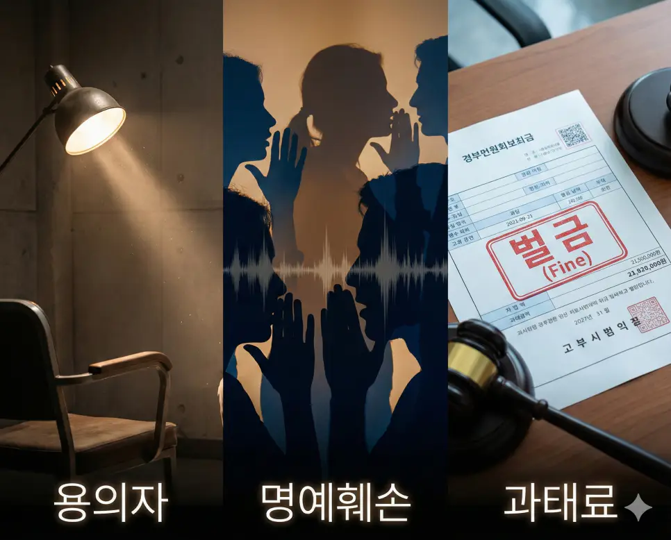 용의자의 혐의, 명예훼손의 성립, 과태료의 집행을 통합적으로 보여주는 시각 자료