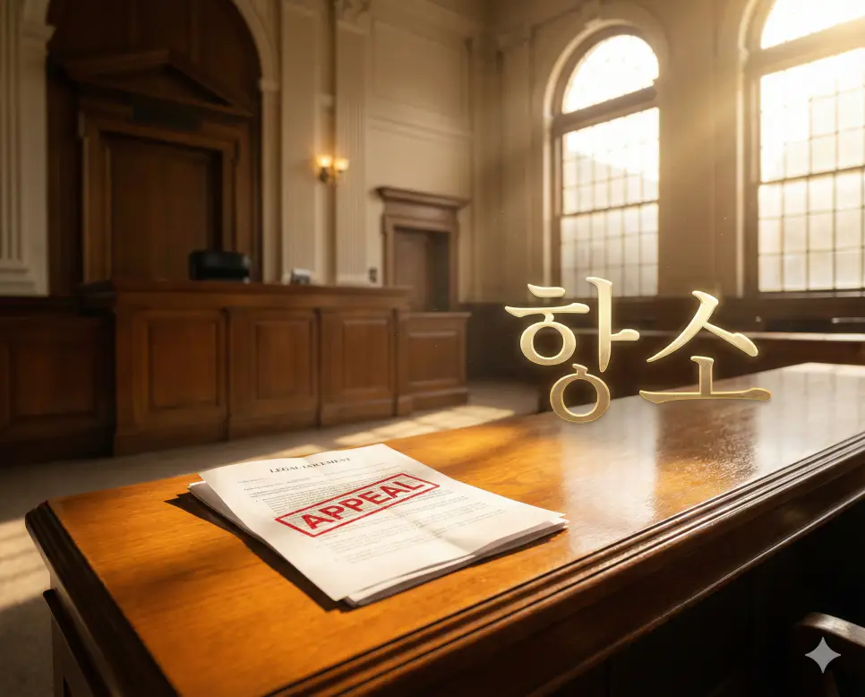 1심 판결에 불복하여 더 높은 법원의 판단을 구하는 법적 권리인 항소의 의미를 담은 이미지