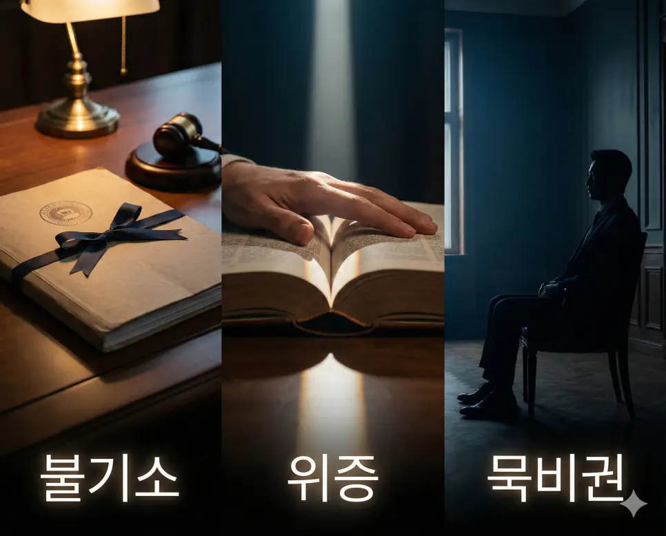 불기소의 결정, 위증의 책임, 묵비권의 행사를 통합적으로 보여주는 시각 자료