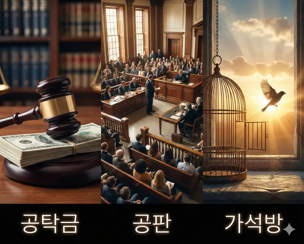 공탁금의 이행, 공판의 절차, 가석방의 자율을 통합적으로 보여주는 시각 자료