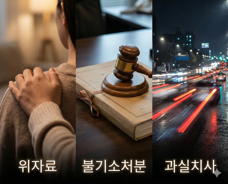 위자료의 보상, 불기소처분의 결정, 과실치사의 법적 의미를 통합적으로 보여주는 시각 자료