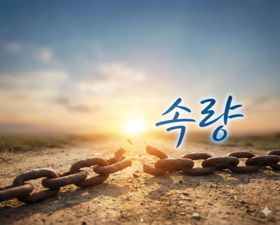 속량 뜻을 보여주는 끊어진 쇠사슬과 자유를 상징하는 밝은 햇살 배경의 시각적 이미지