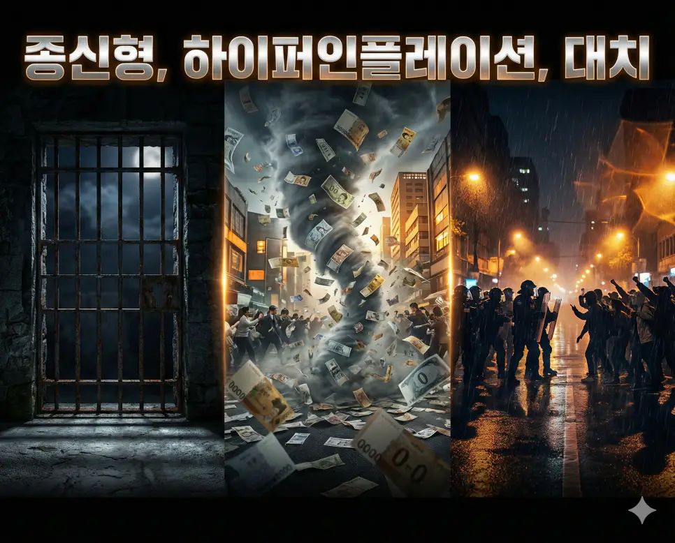 종신형, 하이퍼인플레이션, 대치의 개념과 사회적 현상들을 세련된 구도로 통합한 종합 가이드 이미지