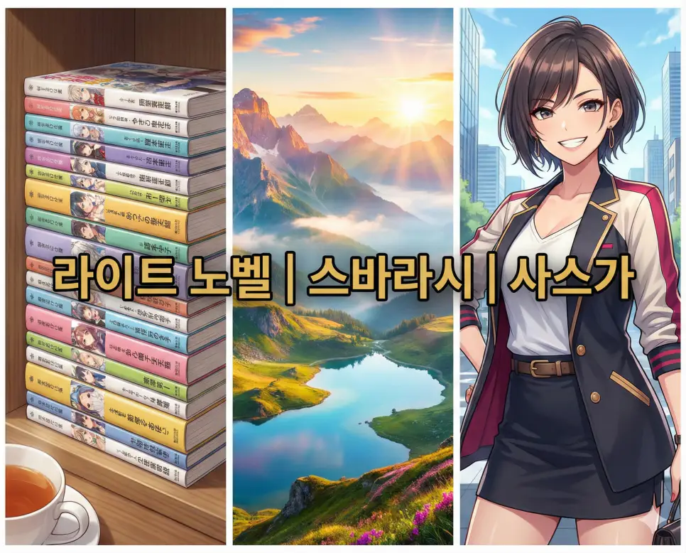 라이트 노벨 뜻, 스바라시 뜻, 사스가 뜻 등 일본의 콘텐츠와 감탄사 키워드를 한눈에 확인하기 좋게 정리한 통합 가이드 이미지입니다.