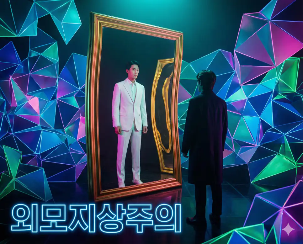 외적인 아름다움만을 중시하는 외모지상주의의 사회적 현상을 상징적으로 표현한 이미지