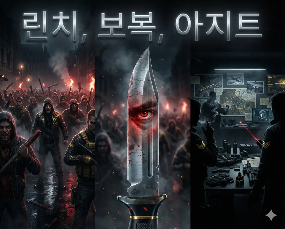 린치, 보복, 아지트의 개념과 이미지를 세련된 구도로 통합한 종합 가이드 이미지