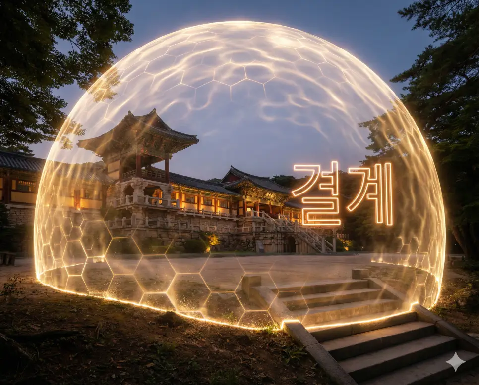 결계 뜻인 특정 구역을 마법이나 영적인 힘으로 보호하고 차단하는 방어막 이미지