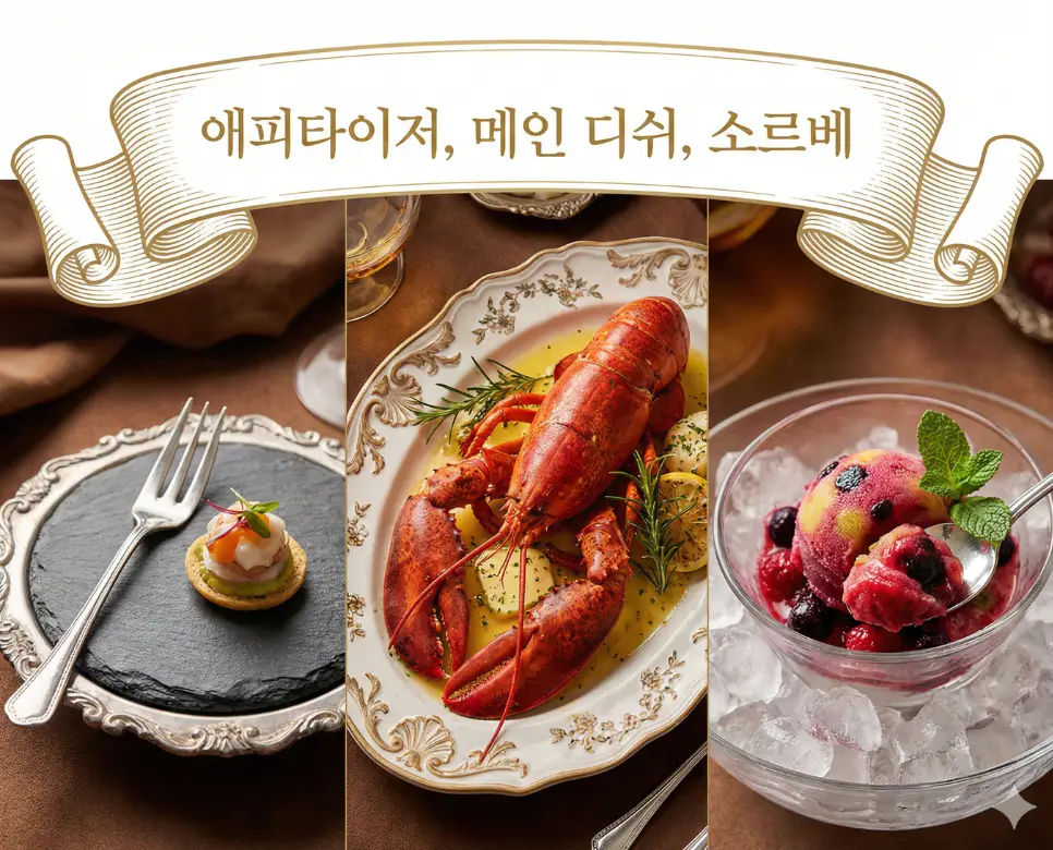 애피타이저, 메인 디쉬, 소르베 뜻을 한데 모아 코스 요리의 기승전결과 미식의 즐거움을 표현한 종합 이미지