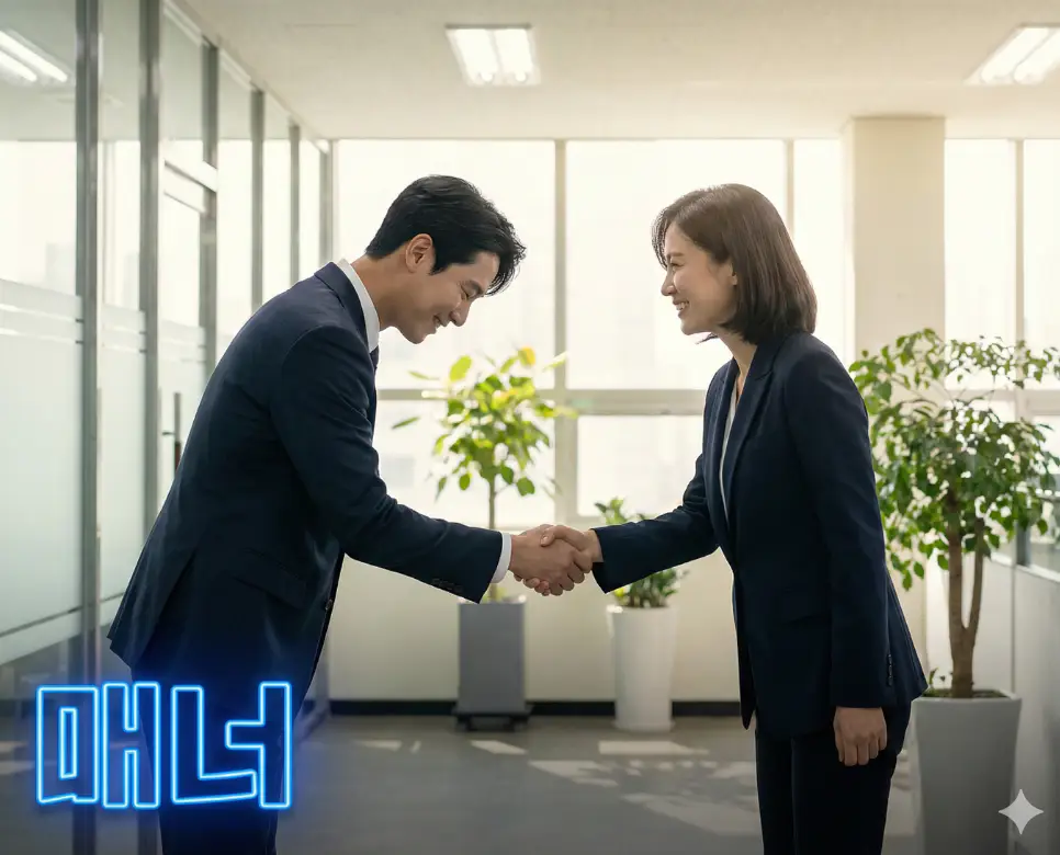 매너 뜻이 담긴 상대방을 존중하고 배려하는 따뜻한 태도와 정중한 비즈니스 매너의 한 장면