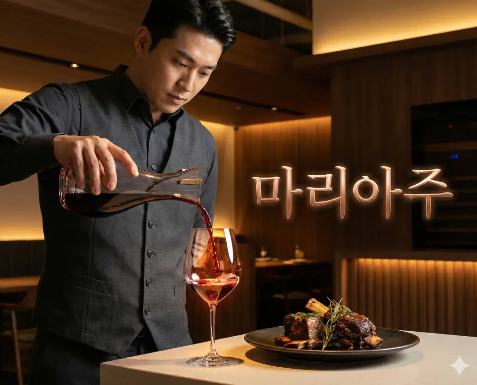 마리아주 뜻이 담긴 와인과 요리의 완벽한 조화를 선사하는 신뢰감 있는 소믈리에의 서비스 장면