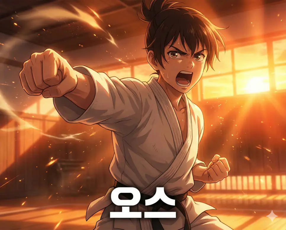 씩씩한 인사말을 의미하는 오스 뜻이 담긴 열정적이고 패기 넘치는 캐릭터의 인사를 표현한 애니메이션 스타일 이미지입니다.