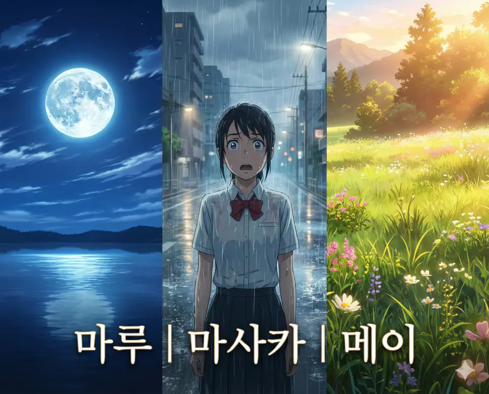마루 뜻, 마사카 뜻, 메이 뜻이 담긴 완벽한 밤과 충격의 반전, 그리고 찬란한 빛의 순간을 테마로 구성한 고퀄리티 애니메이션 스타일 통합 가이드 이미지입니다.
