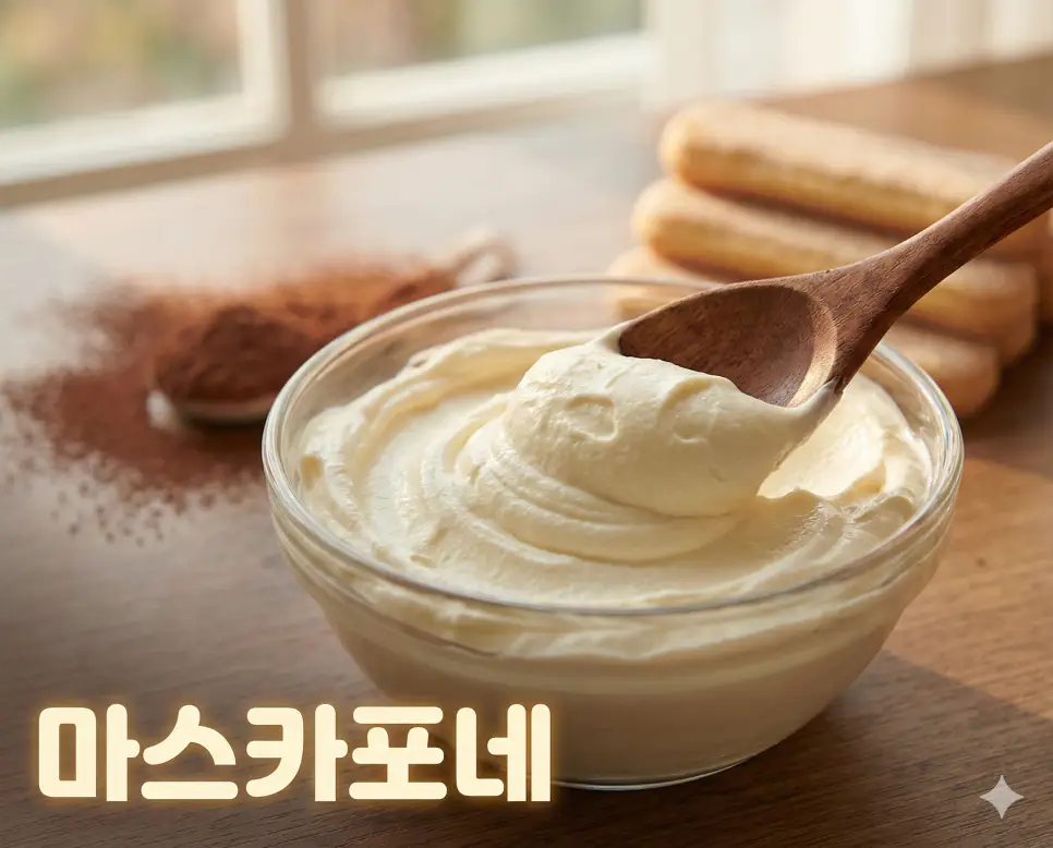 마스카포네 뜻이 담긴 생크림처럼 부드럽고 고소한 질감이 강조된 이탈리아식 크림치즈의 실사 사진