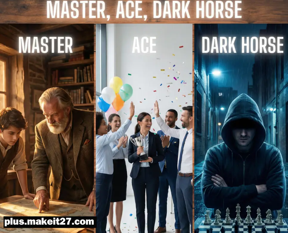 분야별 최고의 실력자인 마스터, 핵심 인물인 에이스, 숨은 실력자인 다크호스의 상징적 의미를 아우르는 종합 이미지