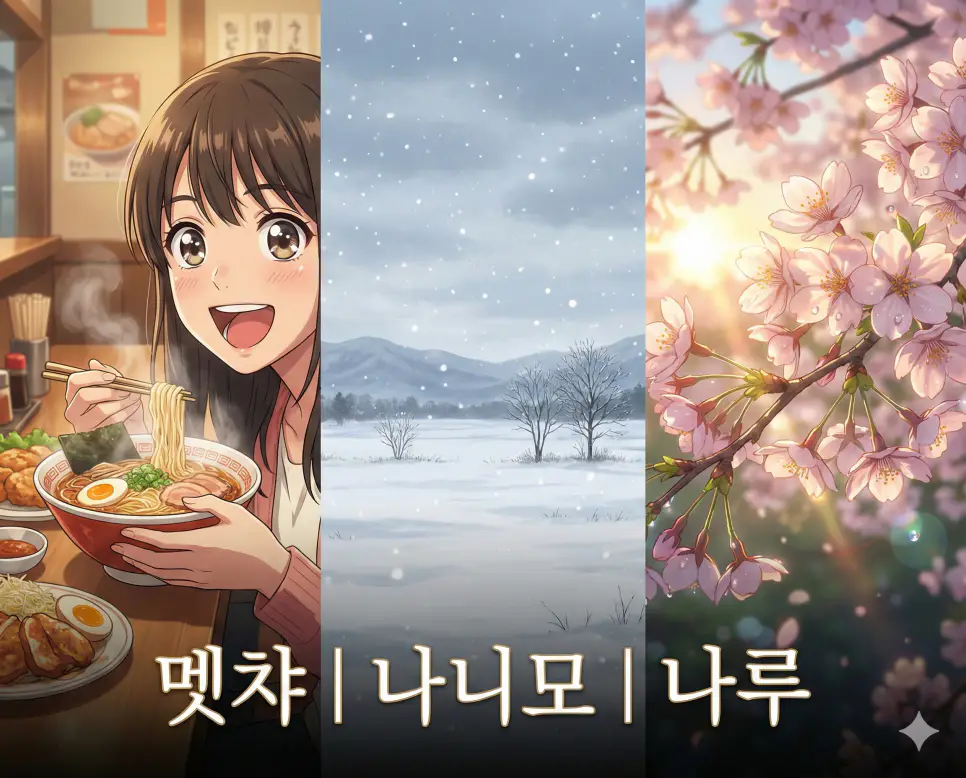 멧챠 뜻, 나니모 뜻, 나루 뜻이 담긴 강렬한 감정과 고요한 풍경, 그리고 변화의 순간을 테마로 구성한 고퀄리티 애니메이션 스타일 통합 가이드 이미지입니다.