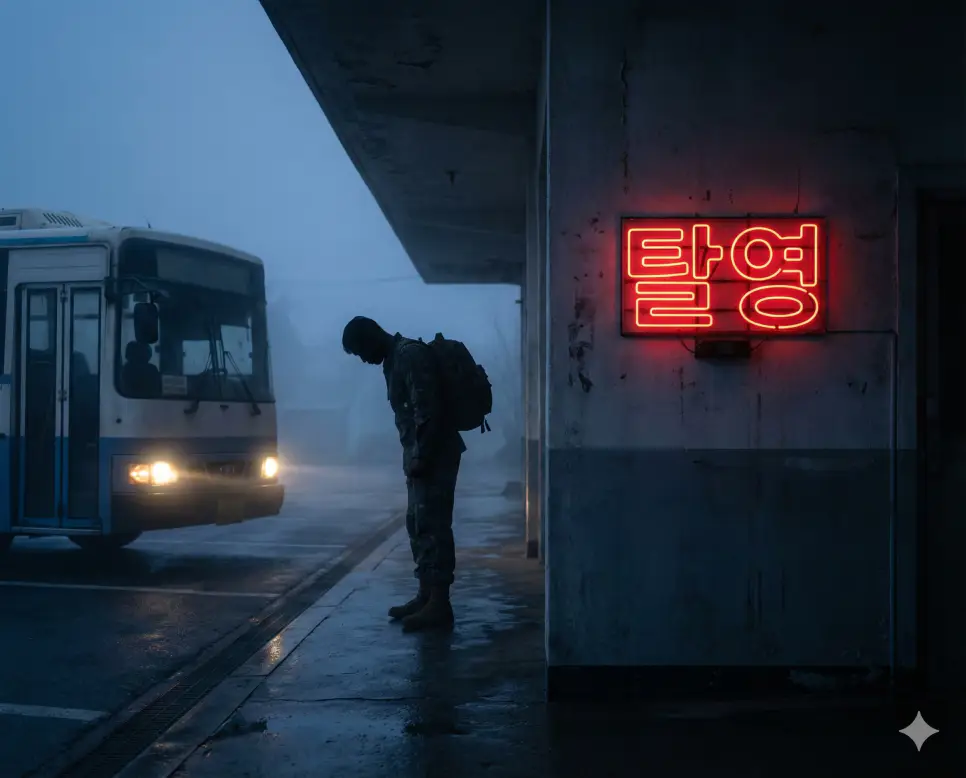 군 복무 중 정당한 사유 없이 부대를 이탈하는 행위인 탈영을 상징적으로 묘사한 이미지