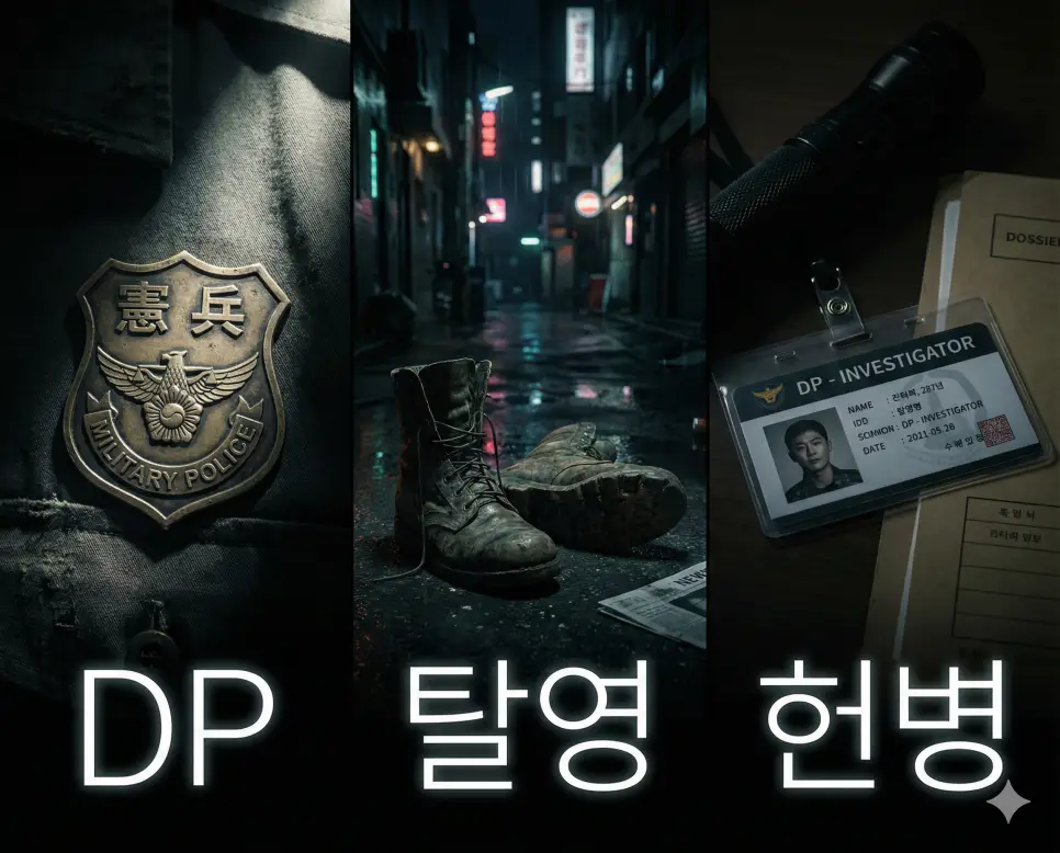 헌병의 규율, 탈영의 아픔, 그리고 DP의 추격을 통합적으로 보여주는 군대 시스템 이미지