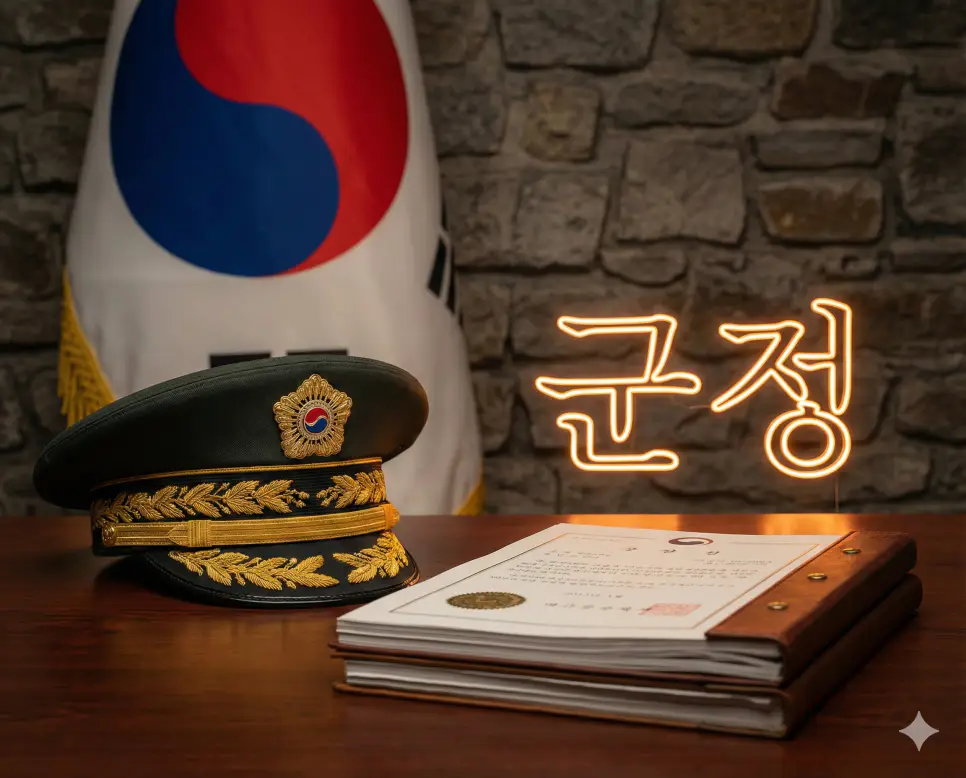 군정 뜻인 군대가 입법·사법·행정의 전권을 장악하여 직접 나라를 다스리는 정치 형태를 시각화한 실사 이미지