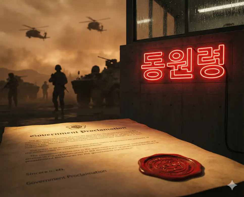 전쟁이나 비상사태 시 국가가 인적, 물적 자원을 강제로 소집하는 명령인 동원령 이미지