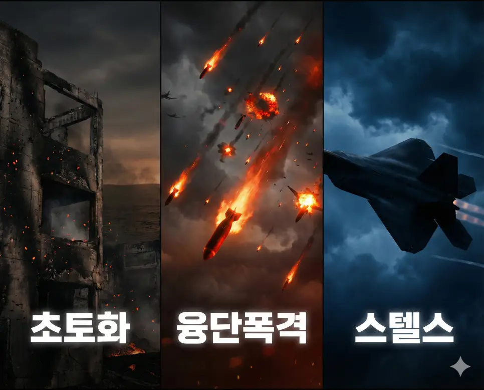 초토화, 융단폭격, 스텔스라는 강력한 군사적 개념들을 시각적으로 통합한 이미지