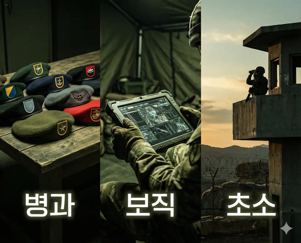 병과, 보직, 초소라는 군대의 전문직 체계와 경계 시스템을 통합적으로 시각화한 이미지