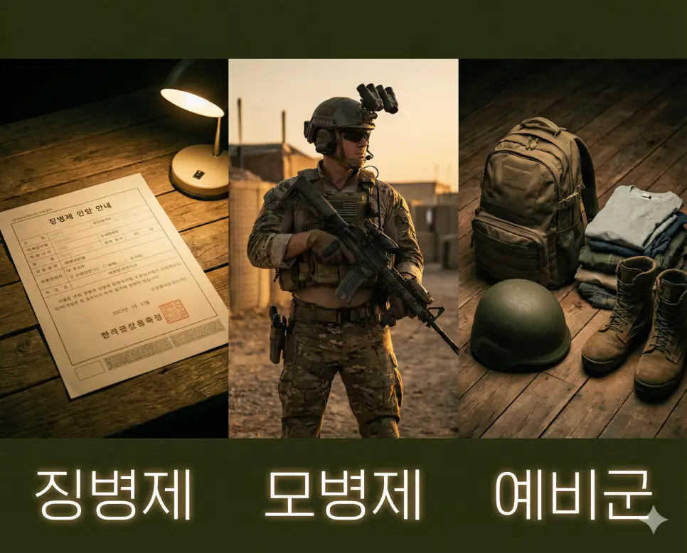 징병제, 모병제, 예비군이라는 병역 제도의 다양한 형태를 한눈에 보여주는 통합 이미지