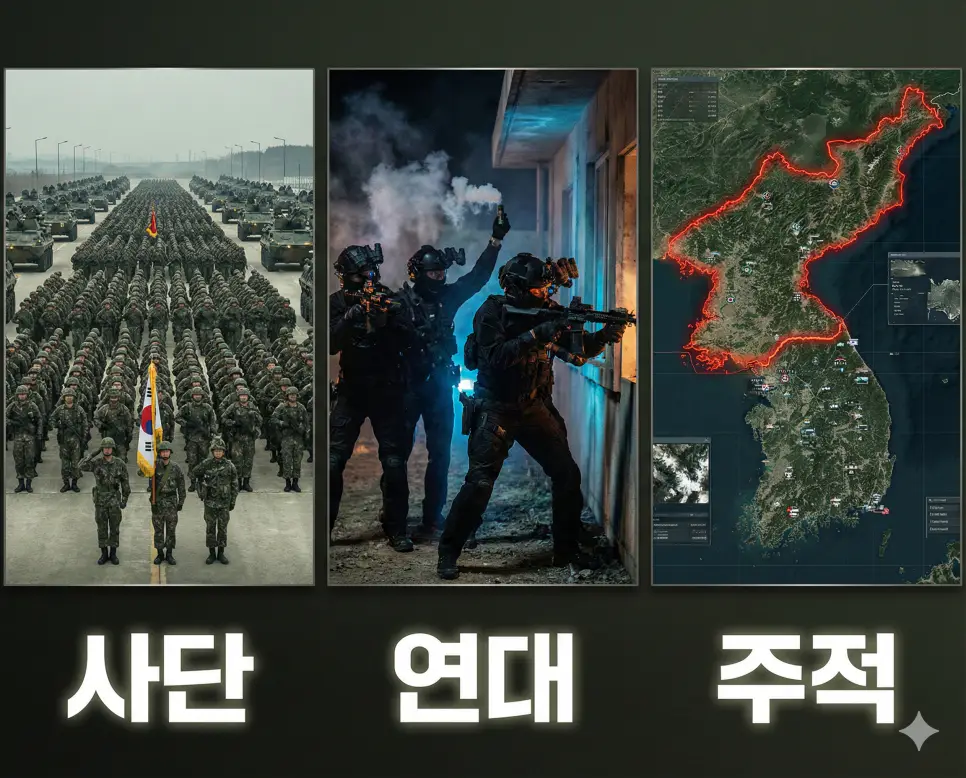 군대 부대 단위인 사단, 연대와 안보의 핵심인 주적 개념을 통합적으로 시각화한 이미지