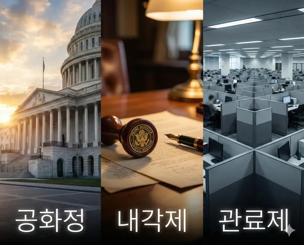 공화정의 공익, 내각제의 책임, 관료제의 효율성을 통합적으로 보여주는 시각 자료