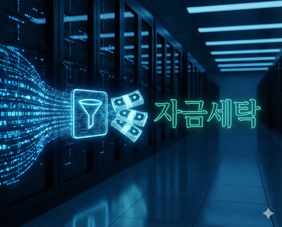 자금세탁 뜻인 불법 자금을 합법적인 것처럼 위장하는 과정을 상징적으로 표현한 현대적인 이미지