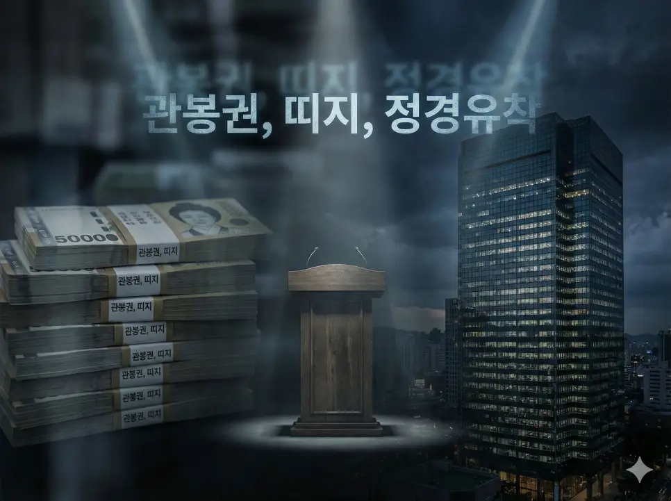 관봉권, 띠지, 정경유착의 의미를 통합하여 표현한 정치 경제의 이면을 담은 종합 이미지