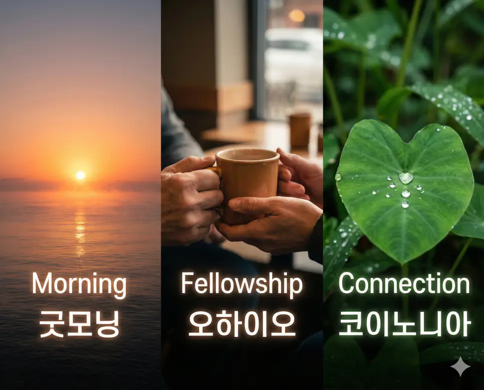 상쾌한 아침을 여는 인사와 사람 사이의 깊은 영적 교제를 뜻하는 굿모닝, 오하이오, 코이노니아 뜻을 한눈에 보여주는 글로벌 문화 통합 시각 자료