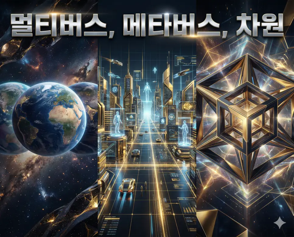 멀티버스, 메타버스, 차원의 개념과 미래 지향적인 세계관을 세련된 구도로 통합한 종합 가이드 이미지