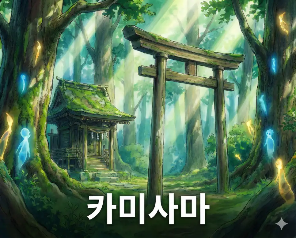 신이나 하나님을 의미하는 카미사마 뜻이 담긴 신비롭고 영롱한 숲속 신전의 풍경을 표현한 고퀄리티 애니메이션 스타일 이미지입니다.