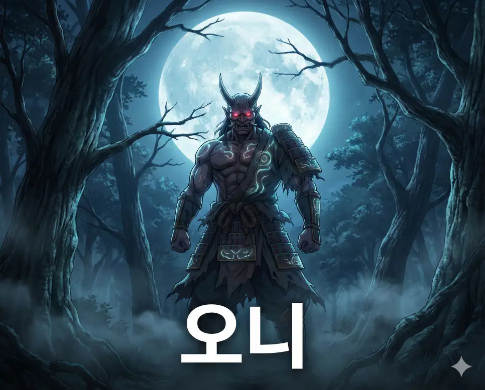 도깨비나 귀신을 의미하는 오니 뜻이 담긴 신비롭고 압도적인 분위기의 전설 속 존재를 표현한 애니메이션 스타일 이미지입니다.