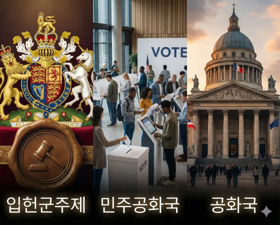 입헌군주제의 조화, 민주공화국의 주권, 공화국의 공익을 통합적으로 보여주는 시각 자료