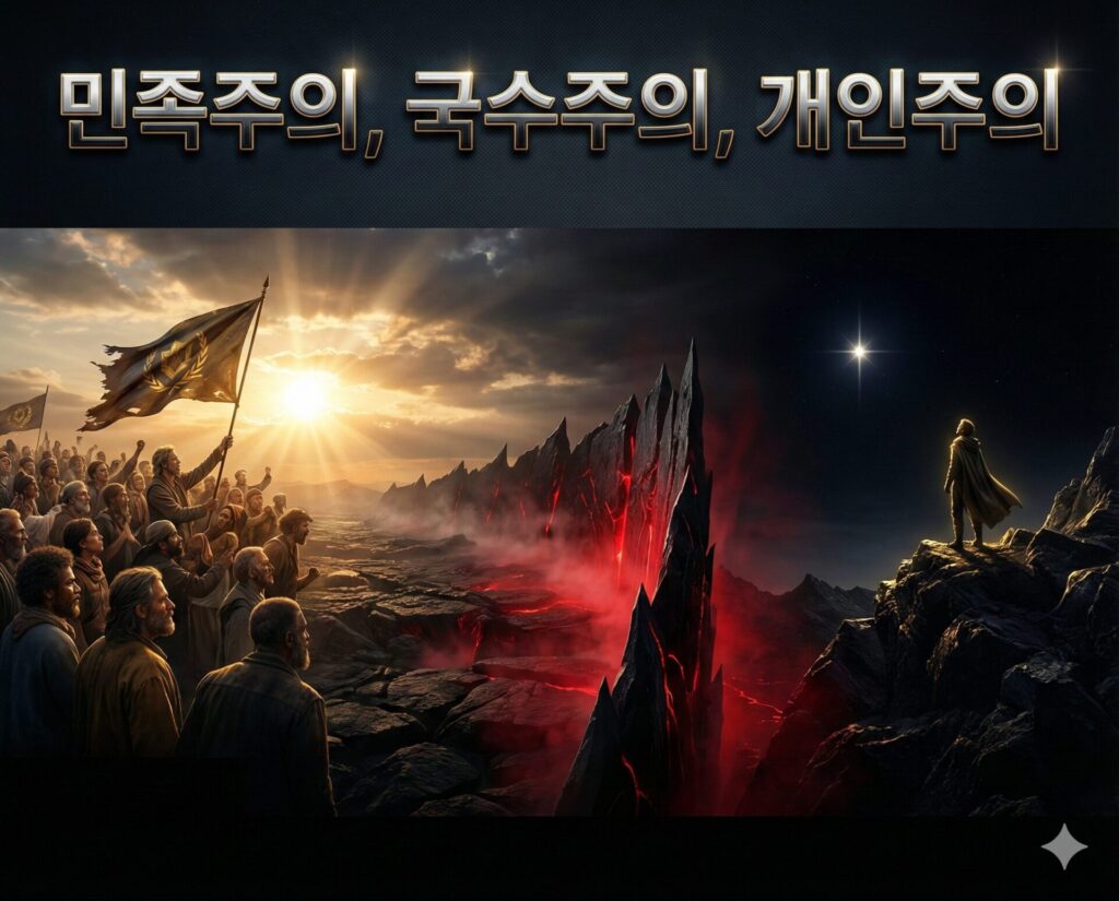 민족주의, 국수주의, 개인주의의 개념과 그 사회적 의미를 세련된 구도로 통합한 종합 가이드 이미지