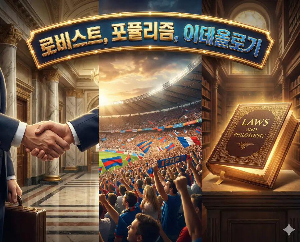 로비스트, 포퓰리즘, 이데올로기 뜻을 한데 모아 정치적 활동과 대중 심리, 이념의 조화를 표현한 종합 이미지