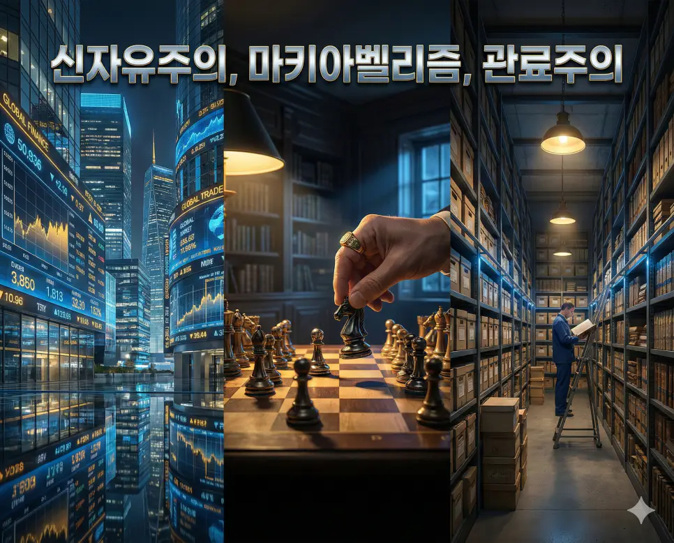 신자유주의, 마키아벨리즘, 관료주의의 개념과 그 사회적 구조를 세련된 구도로 통합한 종합 가이드 이미지