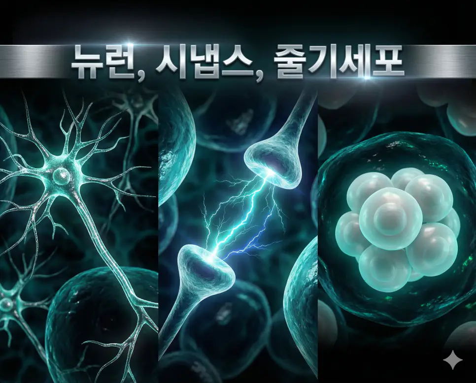 뉴런, 시냅스, 줄기세포의 개념과 생물학적 구조들을 세련된 구도로 통합한 종합 가이드 이미지