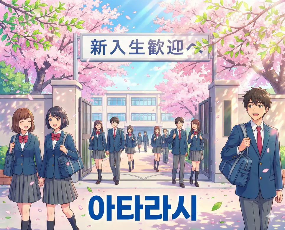 새롭거나 신선하다는 의미를 가진 아타라시 뜻과 새로운 시작의 느낌이 잘 표현된 세련된 애니메이션 스타일의 이미지입니다.