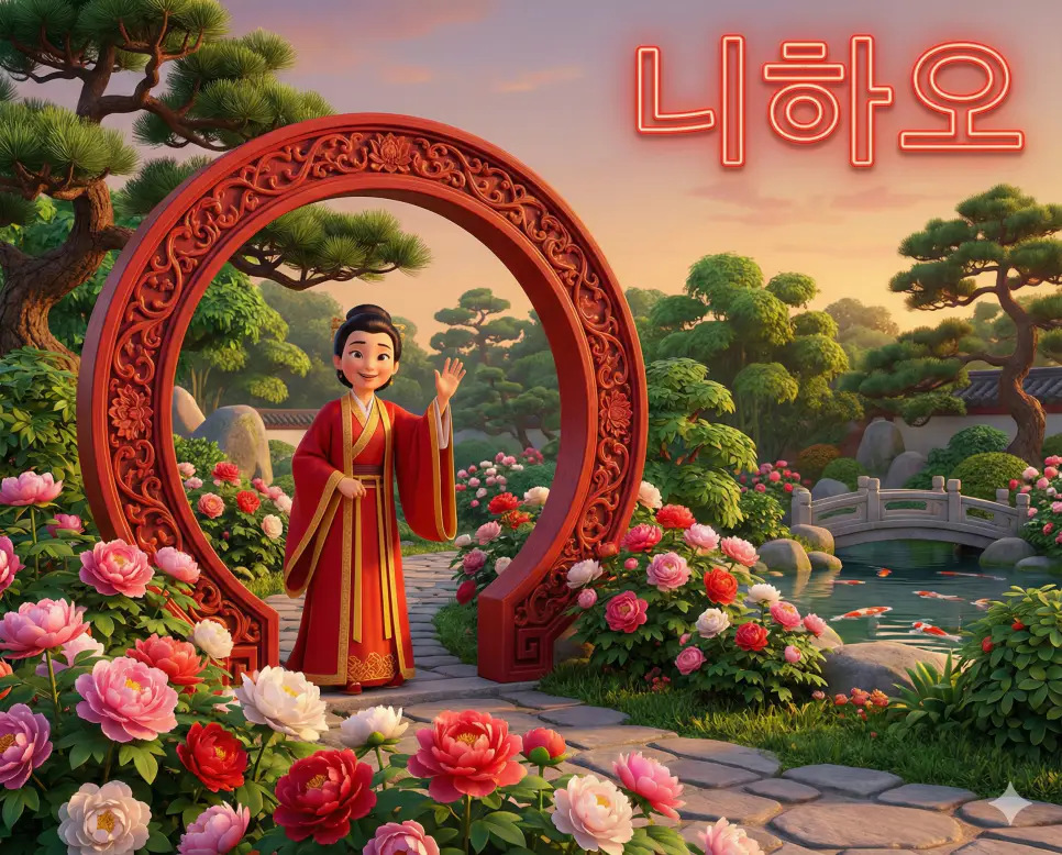 전통적인 중국 정원과 모란꽃이 어우러진 풍경 속에서 밝게 웃으며 인사하는 니하오의 따뜻한 환영을 담은 만화 스타일 이미지