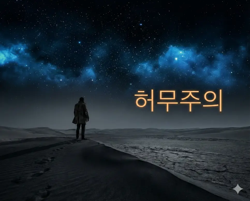 허무주의 뜻인 세상의 모든 가치와 도덕, 존재의 의미가 없다고 생각하는 철학적 태도를 시각화한 실사 이미지