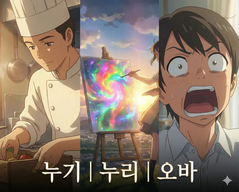 누기 뜻, 누리 뜻, 오바 뜻이 담긴 비움과 채움, 그리고 감정의 과잉을 테마로 구성한 고퀄리티 애니메이션 스타일 통합 가이드 이미지입니다.