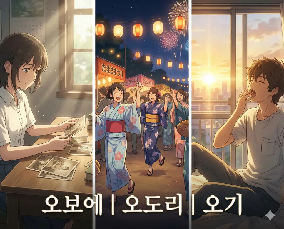 오보에 뜻, 오도리 뜻, 오기 뜻이 담긴 소중한 기억과 즐거운 춤, 그리고 새로운 하루의 시작을 테마로 구성한 고퀄리티 애니메이션 스타일 통합 가이드 이미지입니다.