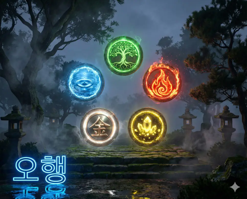 오행 뜻인 만물을 생성하고 변화시키는 다섯 가지 기운을 상징적으로 표현한 이미지