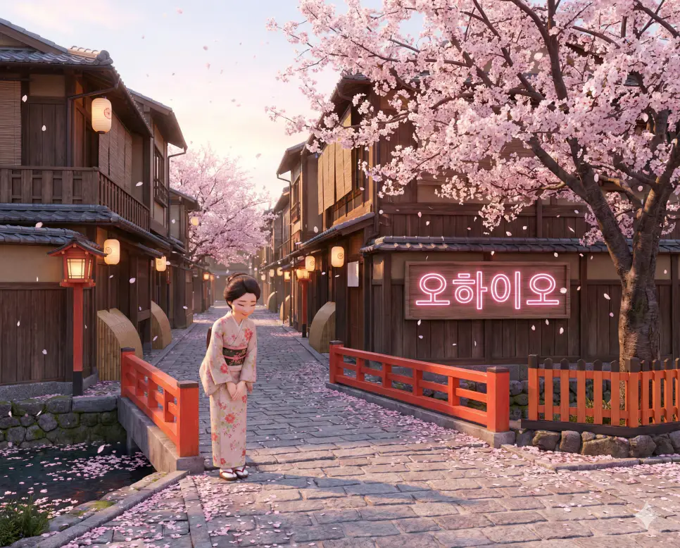 교토의 정갈한 아침 거리를 배경으로 정중하게 인사하는 모습을 통해 일본식 아침 인사인 오하이오 뜻을 표현한 따뜻한 스타일의 이미지