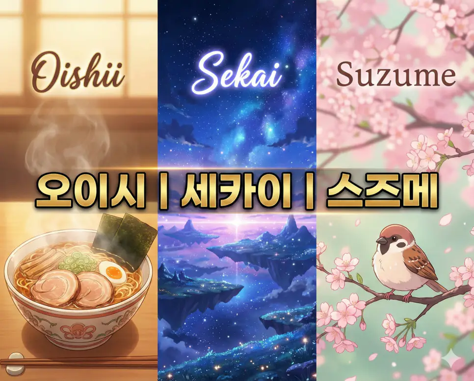 오이시 뜻, 세카이 뜻, 스즈메 뜻 등 미식과 세계관, 자연을 담은 일본어 키워드를 고퀄리티 애니메이션 스타일로 정리한 통합 가이드 이미지입니다.