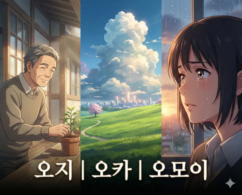 오지 뜻, 오카 뜻, 오모이 뜻이 담긴 가족의 정과 아름다운 풍경, 그리고 깊은 마음의 울림을 테마로 구성한 고퀄리티 애니메이션 스타일 통합 가이드 이미지입니다.
